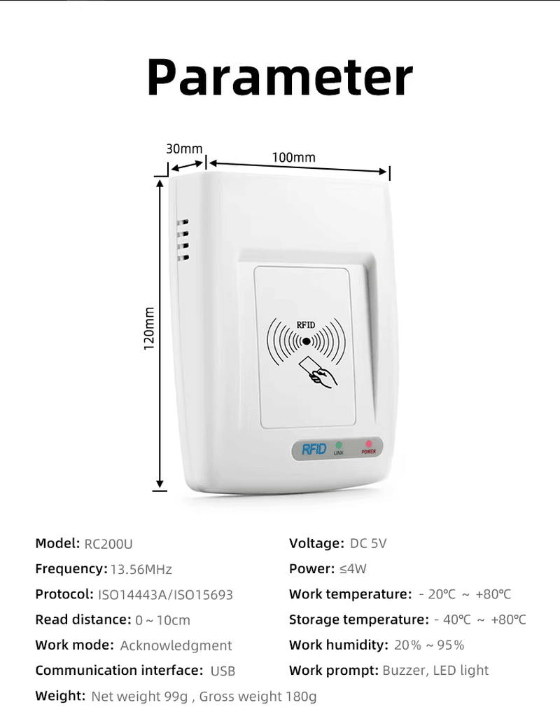 يعرض هذا مخطط المعلمات أبعاد قارئ RFID عالي التردد RC200U ومواصفات رئيسية مثل واجهة USB وتردد 13.56MHz والقدرة.