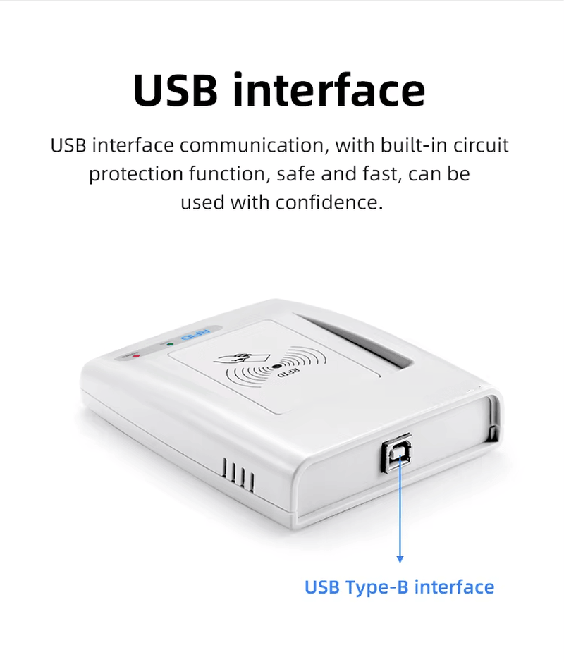 يوضح هذا المخطط واجهة USB لقارئ RFID عالي التردد RC200U مع سهم يشير إلى موصل Type B لسهولة الإعداد.