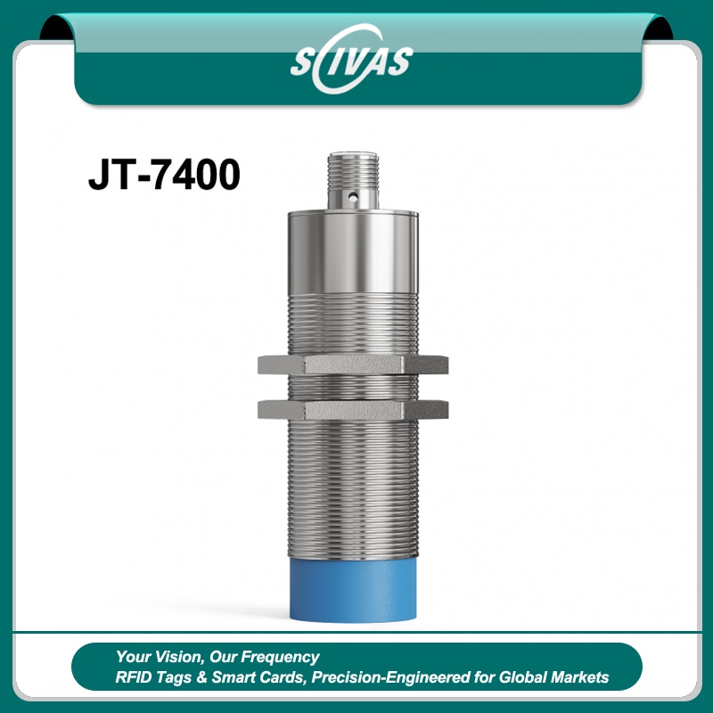 قارئ UHF الصناعي JT-7400 في ملصق للمنتج، بجسم معدني ملولب للتعرف السريع على الوسوم من مسافة قصيرة.