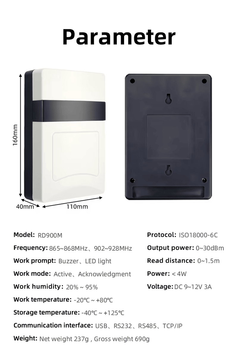 رسم مواصفات فنية يؤكد دعم سلسلة RD900M لبروتوكول ISO 18000-6C المتوافق مع معايير UHF RFID العالمية.
