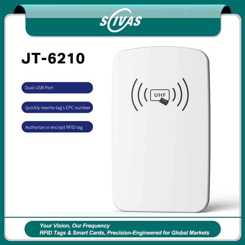 قارئ UHF RFID مكتبي احترافي أبيض من طراز JT-6210 بتصميم أنيق ومنفذي USB مدمجين.