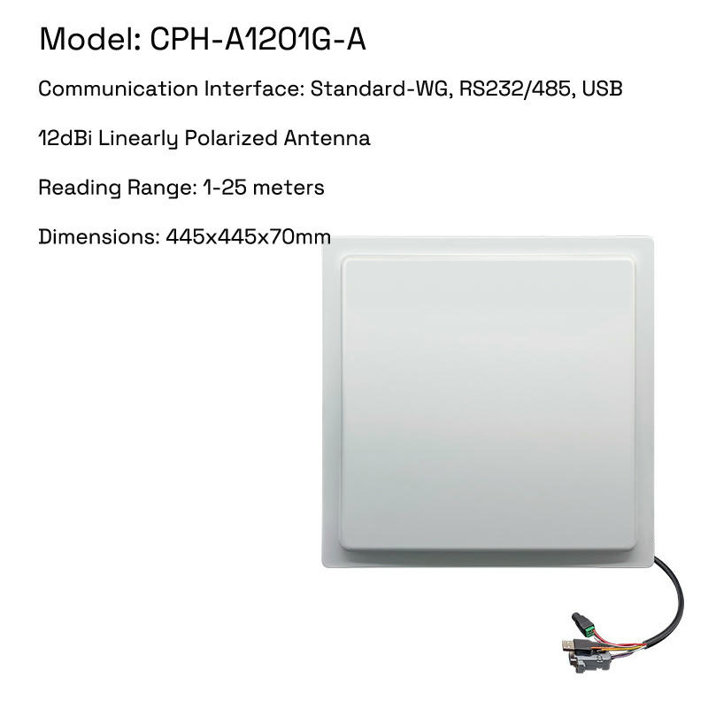 يصل قارئ CPH-A1201G-A المدمج الرئيسي إلى مسافة قراءة 25 مترًا باستخدام نظام هوائي خطي الاستقطاب قوي 12dBi.