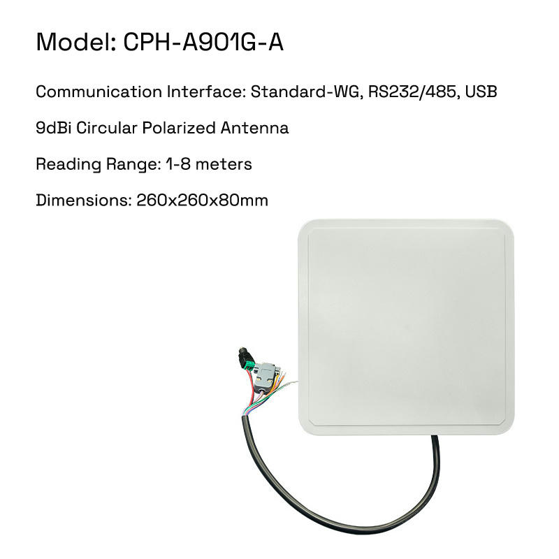 يوفر قارئ CPH-A901G-A طويل المدى هوائيًا عالي الكسب 9dBi قادرًا على التعرف على علامات UHF حتى مسافة ثمانية أمتار.