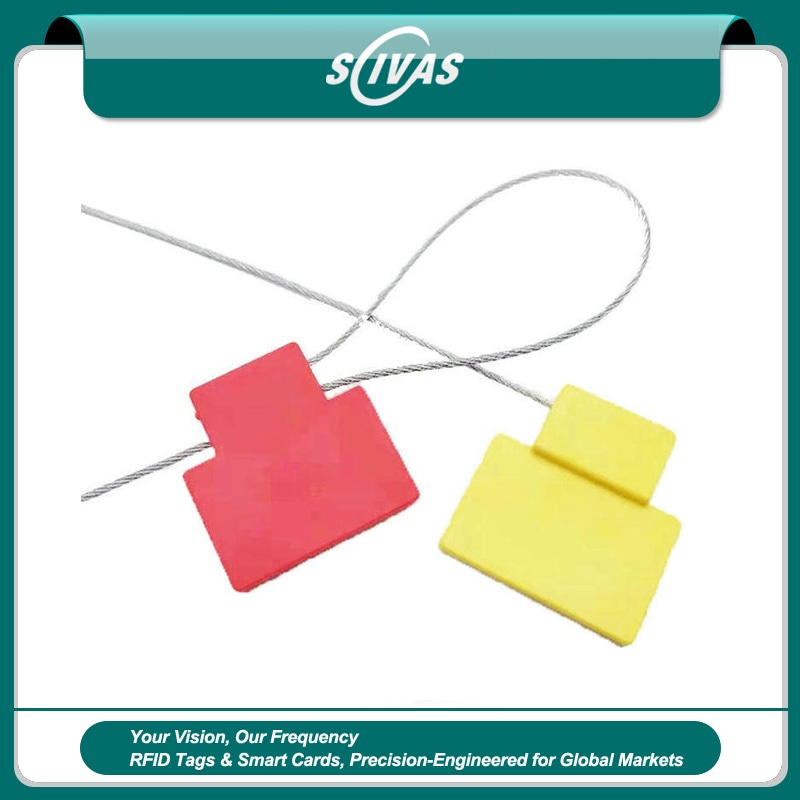 يُعرض ختما أمان RFID من طراز SS4544-1 بالأحمر والأصفر مع كابلين معدنيين طويلين على خلفية فاتحة ونظيفة.