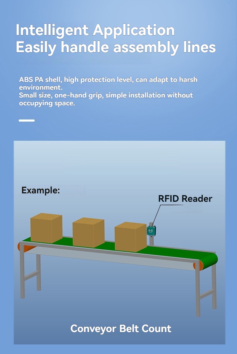 مخطط سير ناقل يوضح قارئ RFID صناعي يعدّ الكراتين في تطبيق على خط التجميع.