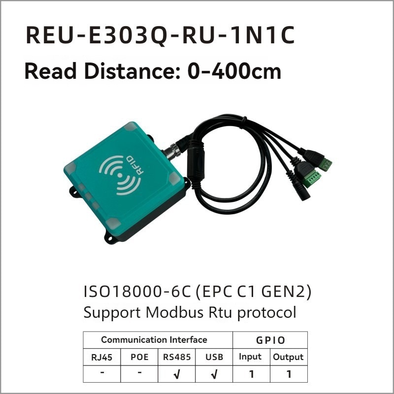 رسم مواصفات يوضح قارئ REU-E303Q-RU-1N1C بمدى قراءة طويل ودعم USB.