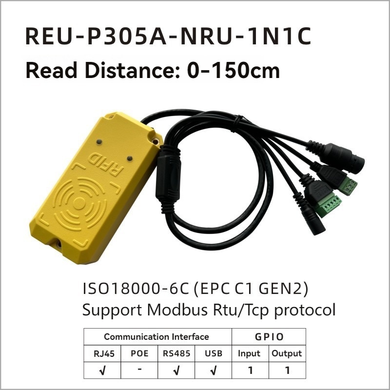 رسم موديل يعرض قارئ REU-P305A-NRU-1N1C مع منافذ شبكية ودعم Modbus RTU TCP.