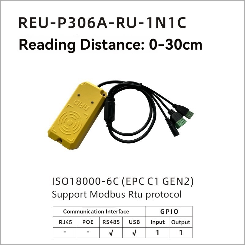 صورة مواصفات تعرض قارئ REU-P306A-RU-1N1C قصير المدى بهيكل أصفر مدمج.