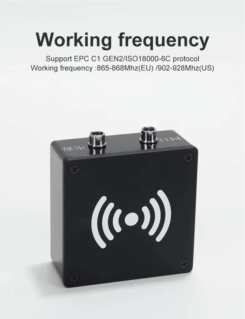 ملصق مواصفات يعرض تردد تشغيل سلسلة FD-604 وبروتوكول EPC Gen2 لتطبيقات RFID الصناعية.