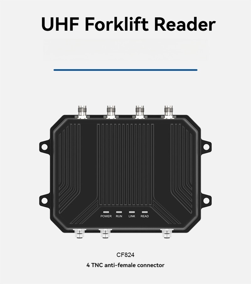لوحة منتج تعرض قارئ CF824 UHF للرافعات الشوكية مع أربعة موصلات هوائي TNC أنثى على الهيكل المتين.