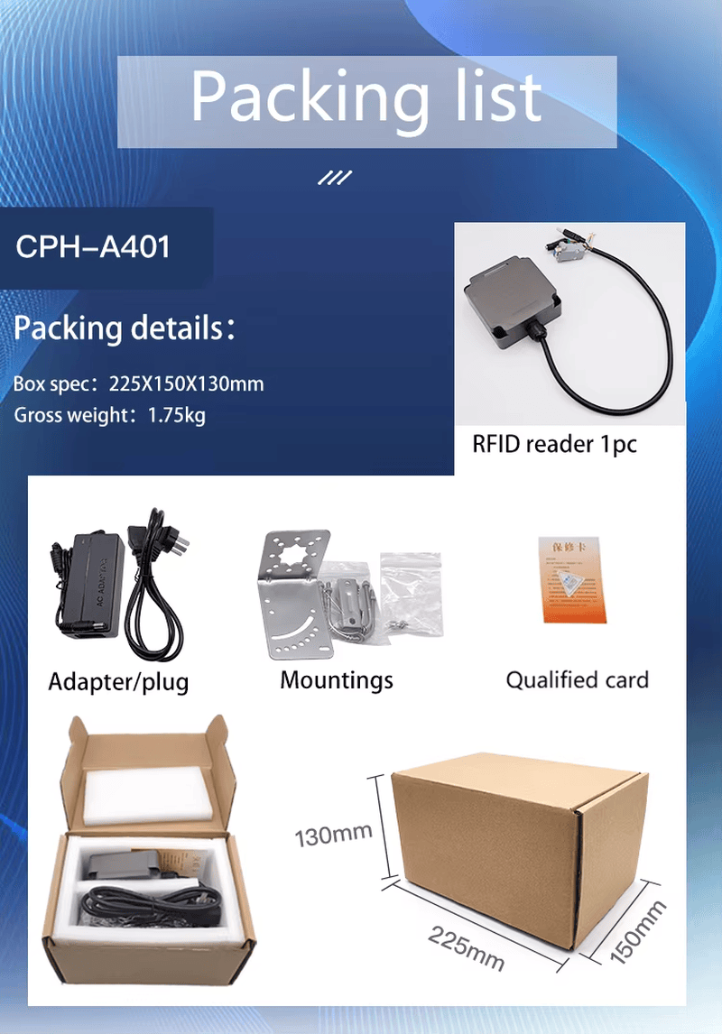 لوحة محتويات العبوة تعرض قارئ CPH-A401 مع المحول وقطع التثبيت وبطاقة الفحص وتفاصيل صندوق الشحن.