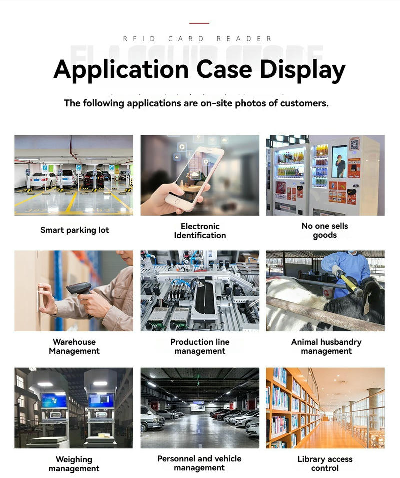 تعرض هذه المجموعة سيناريوهات استخدام قارئ RFID عالي التردد YMC159-D1 مثل مواقف السيارات والتحكم في الدخول والبيع الآلي والمستودعات والمكتبات.
