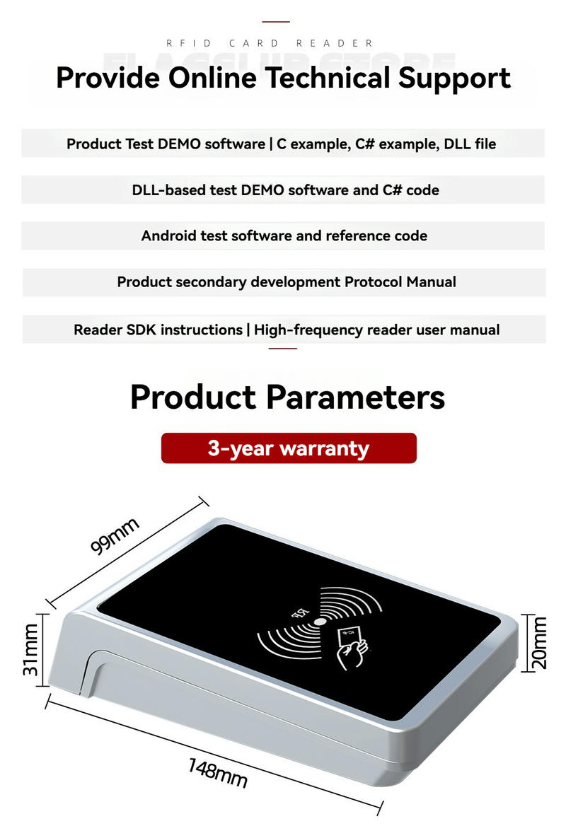 تعرض هذه الصورة عناصر الدعم الفني عبر الإنترنت وأبعاد قارئ RFID عالي التردد YMC159-D1 لتخطيط التكامل.