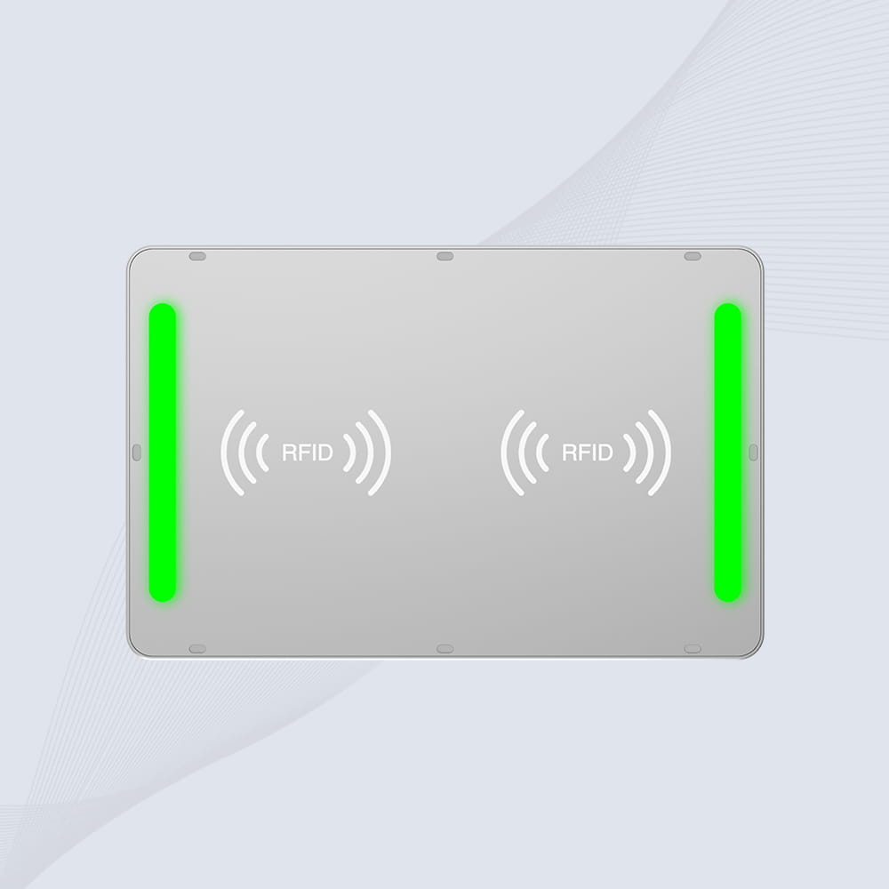 عرض تفصيلي لقارئ RFID CK-T1C يوضح نظام التنبيه الضوئي والصوتي المدمج المستخدم للإشارة إلى نجاح المسح أو أخطاء العملية.