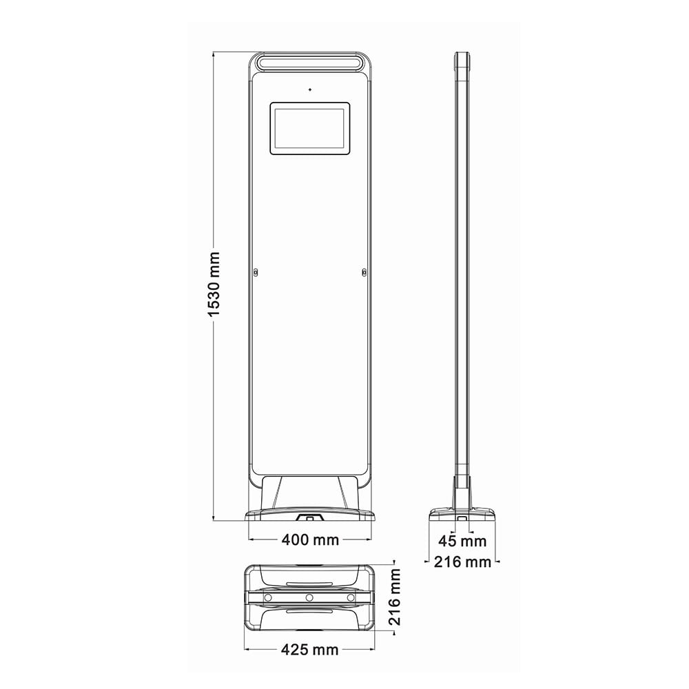 رسم فني لبوابة ماسح RFID CK-T4 يوضح أبعادها 1530x425x216mm لتخطيط مواقع التركيب.