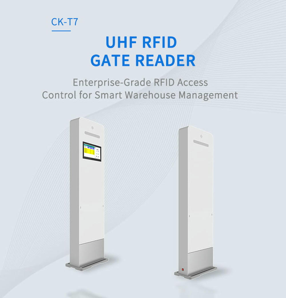 مخطط أداء لقارئ بوابة CK-T7 RFID يوضح مدى قراءة 6 أمتار ودقة تعريف العلامات بنسبة 99.9%.