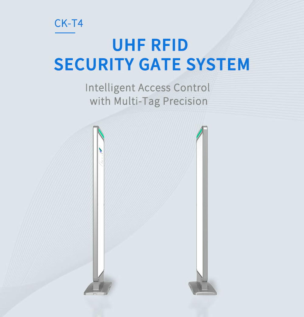 مشهد تطبيقي لبوابة RFID UHF CK-T4 المستخدمة كبوابة أمنية مضادة للسرقة عند مدخل مكتبة ذكية حديثة.
