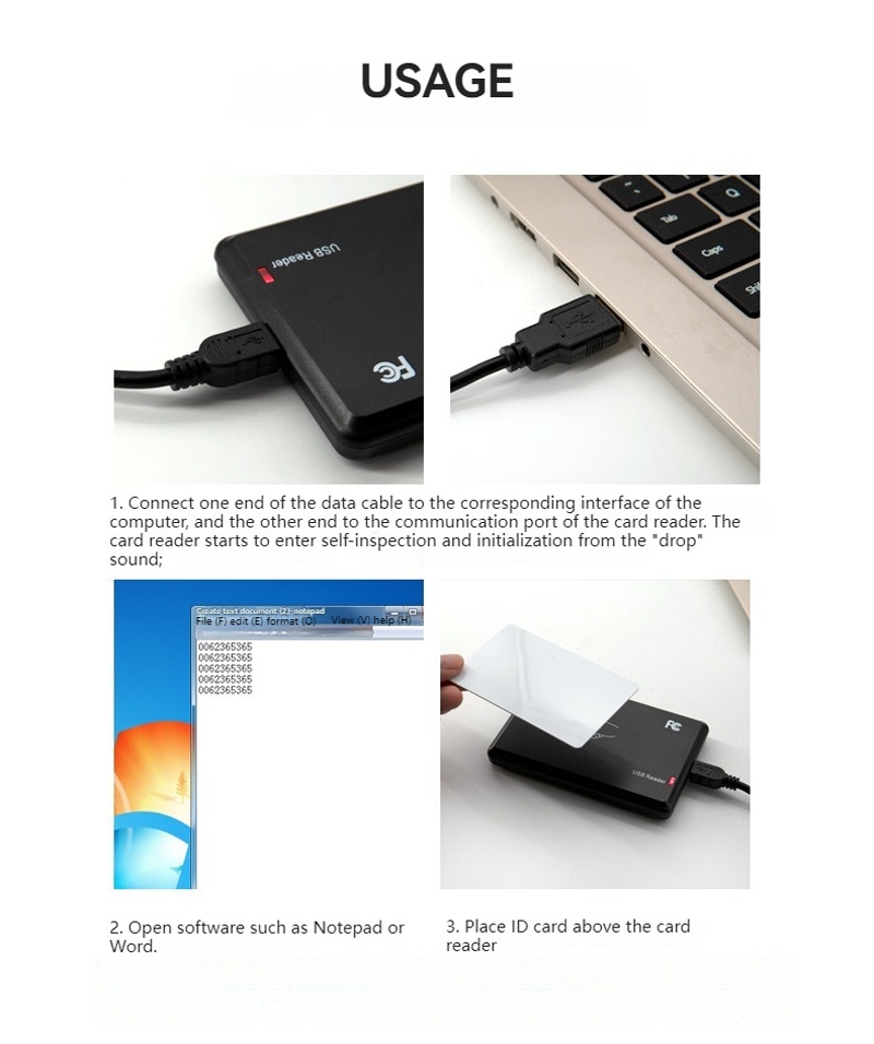 صورة المنتج قارئ بطاقات RFID 13.56MHz لقراءة UID تُظهر طباعة البطاقات المخصصة ضمن فئة قارئات LF RFID بتردد 125KHz.
