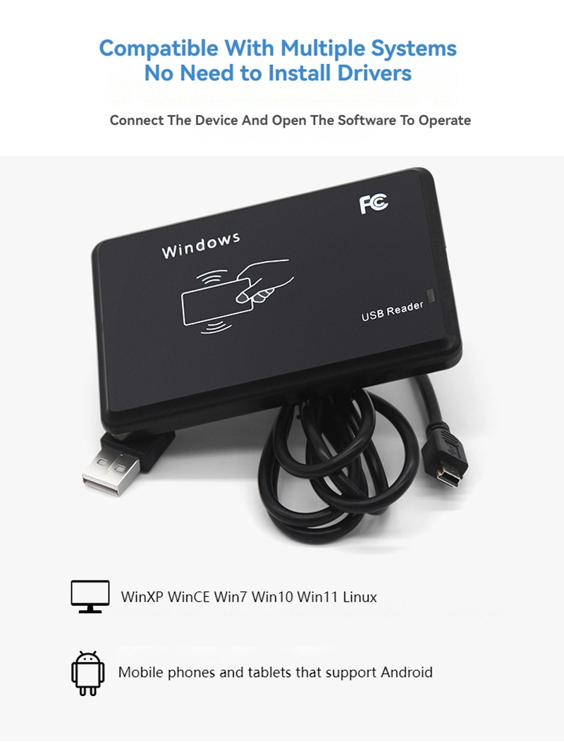 يظهر قارئ بطاقات RFID 13.56MHz لقراءة UID من منظور واضح يركز على التصميم بحجم المحفظة ضمن تطبيقات فئة قارئات LF RFID بتردد 125KHz.