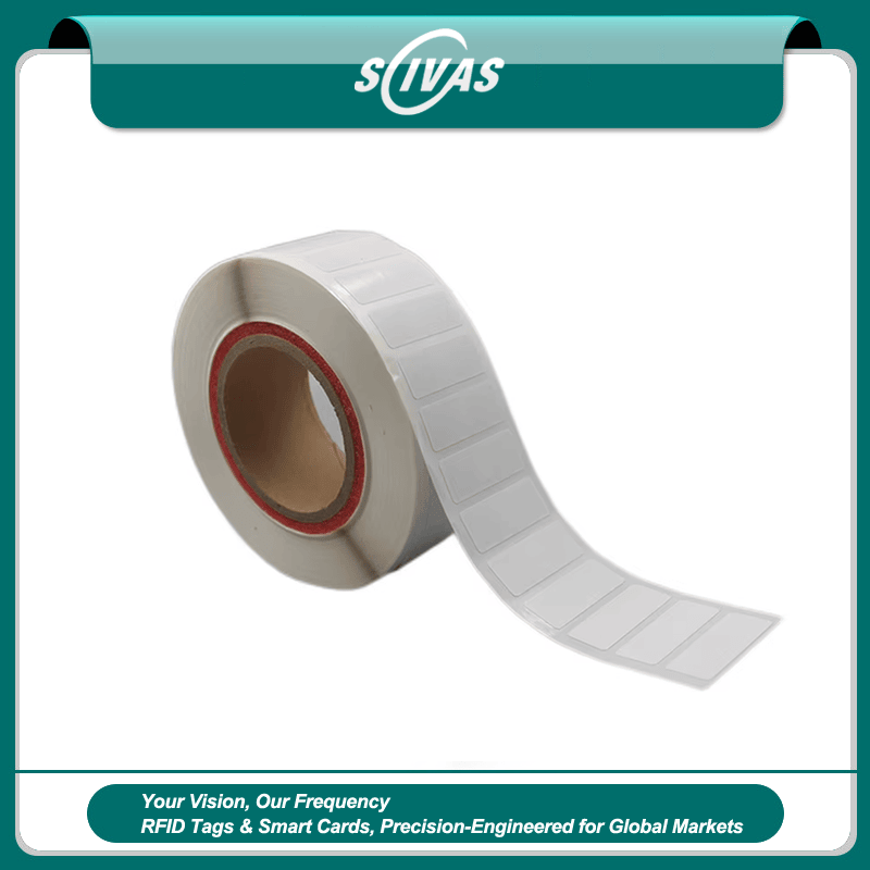 صورة المنتج تعرض لفافة من ملصقات UHF RFID بمقاس هوائي 27x10mm وبتنسيق 30x13mm للتحكم الآمن في مخزون التجزئة.