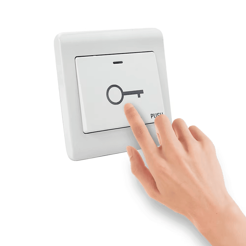 يظهر زر خروج لمسي بإضاءة LED خلفية ثنائية اللون من منظور واضح يركز على طباعة البطاقات المخصصة ضمن تطبيقات فئة أزرار الخروج.