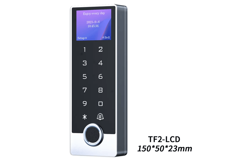 تُعرض وحدة التحكم في الدخول TF2-LCD بلقطة استوديو مائلة ونظيفة مع نص الطراز ونِسَب الهيكل العامة.