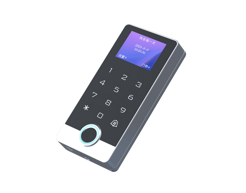 تظهر وحدة التحكم في الدخول TF2-LCD من زاوية علوية لإبراز شاشة LCD ولوحة المفاتيح والحلقة الدائرية للقارئ.