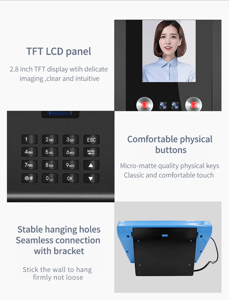 تعرض مجموعة ميزات جهاز FV-FA01 لوحة TFT LCD والأزرار الفعلية وهيكل فتحة التعليق الثابتة مع الحامل.