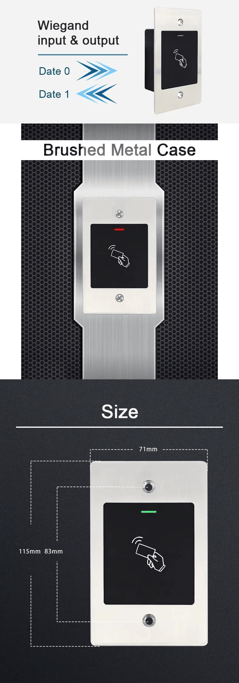 صورة طرفية تحكم دخول RFID بالبصمة IP66 للأبواب الخارجية تعرض تخطيط الهوائي ضمن فئة أجهزة تحكم بيومترية في الوصول.