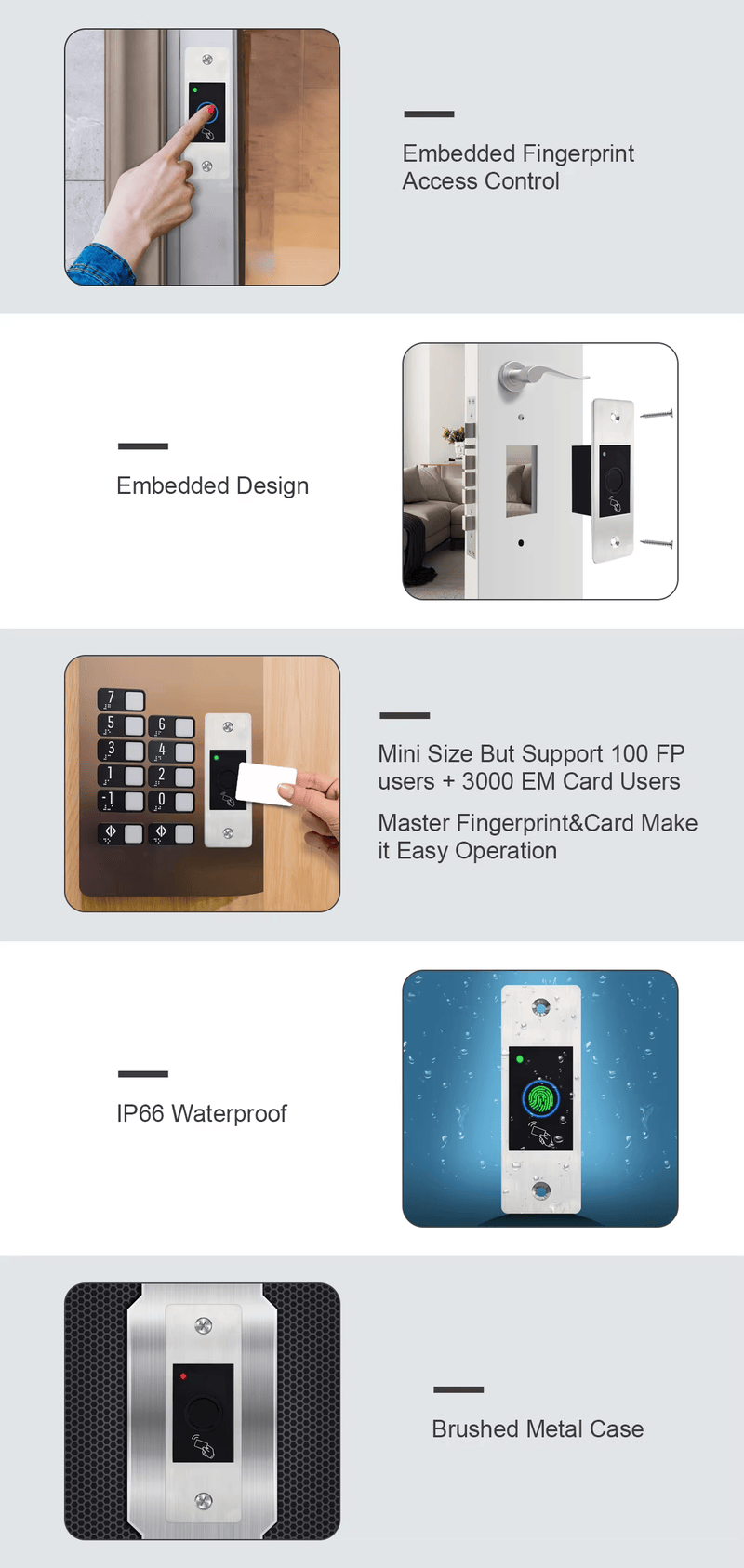 طرفية تحكم دخول RFID بالبصمة IP66 للأبواب الخارجية مع عرض تفصيلي للشريحة لمشاريع أجهزة تحكم بيومترية في الوصول.