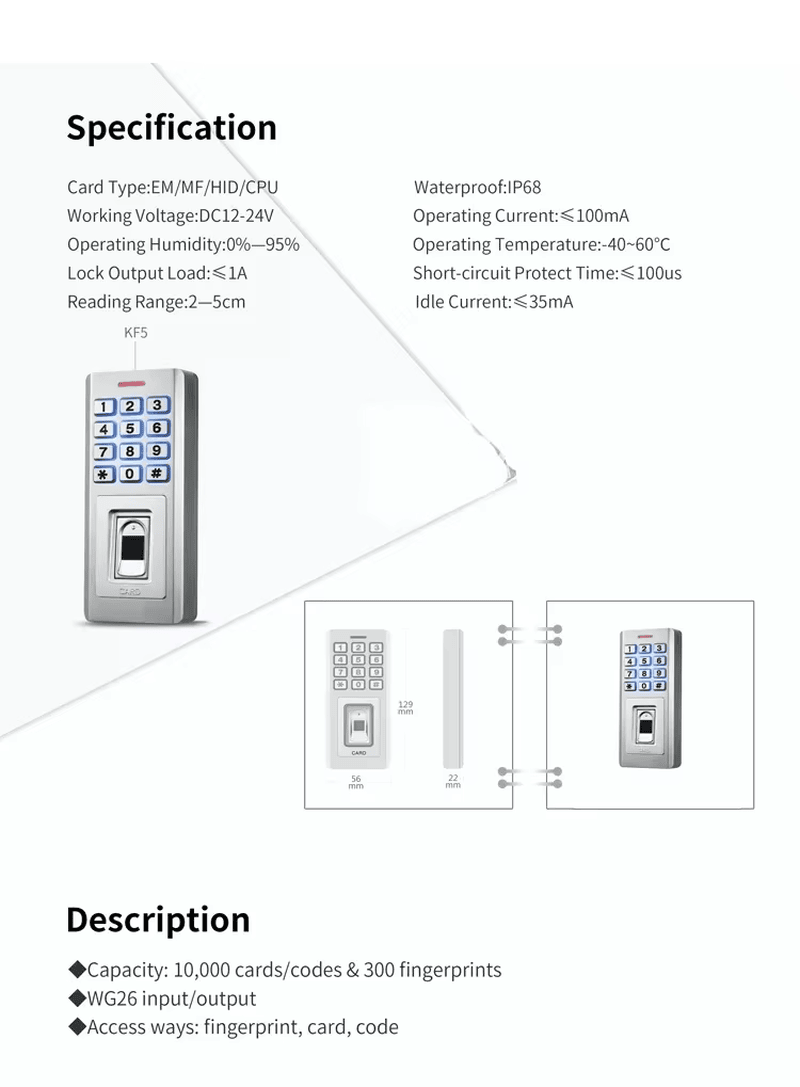 طرفية RFID ببصمة الإصبع IP68 مع تركيز على أطراف التوصيل لمشاريع طرفيات التحكم في الدخول البيومترية.