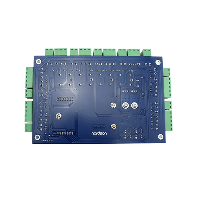 تُعرض الجهة الخلفية من لوحة تحكم دخول بنمط WG02 مع نقاط اللحام ومسارات PCB وفتحات التثبيت ومواضع الأطراف.
