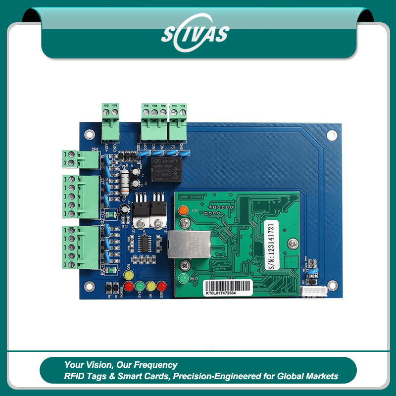 تُعرض لوحة وحدة التحكم بالدخول ثنائية الأبواب SCIVAS WG02 TCP IP على خلفية بيضاء مع كتل طرفية ومصابيح مؤشر.