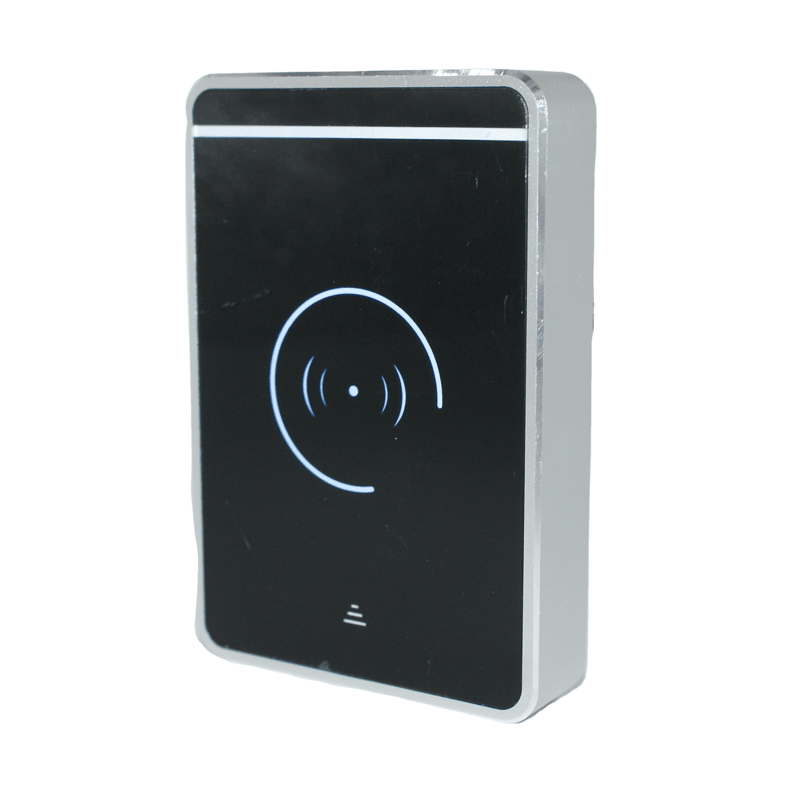 نظرة عامة على قارئ NFC المدمج J10-MC2634 المصمم لسهولة التركيب على إطارات الأبواب والبوابات الضيقة.