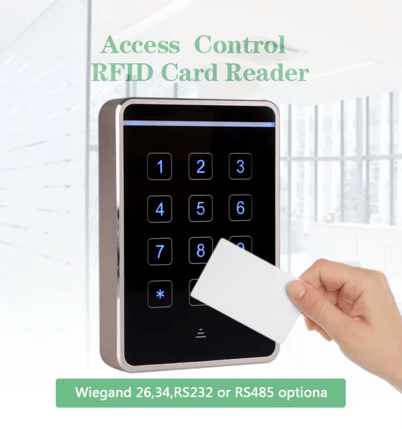 مخطط توصيل شامل لقارئ RFID J10-MC2634 يوضح توصيلات الطاقة وكابلات بيانات Wiegand.