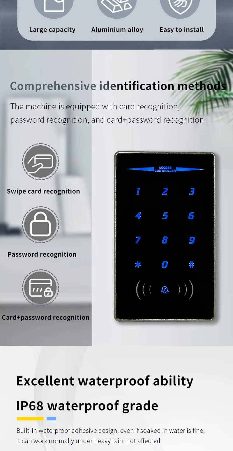 يدعم جهاز التحكم في الدخول المستقل ZY-sm630 عدة طرق تحقق، بما في ذلك بطاقات RFID القريبة ورموز PIN عبر لوحة مفاتيح تعمل باللمس
