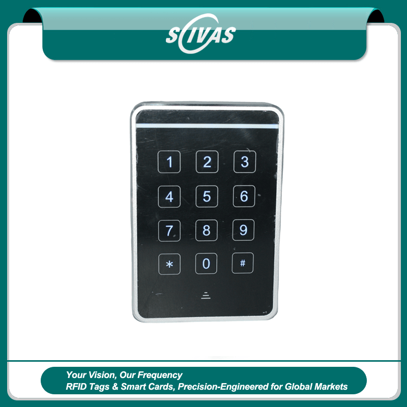 يتميز قارئ الدخول الأسود بشاشة لمس J20-MC2634 بلوحة مفاتيح RFID مدمجة عالية الأمان داخل غلاف متين من ABS للدخول الآمن.