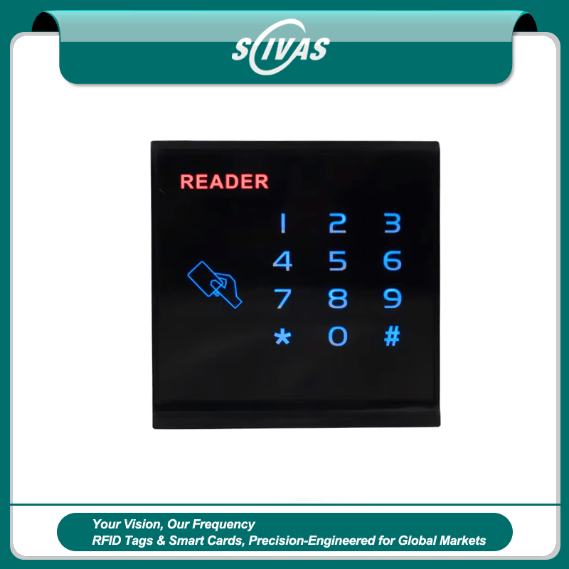 تُبرز هذه الصورة قارئ بطاقات RFID ويغاند للتحكم بالدخول الآمن من حيث الشعار المطبوع ضمن تطبيقات فئة قارئات وصول بشاشة لمس.